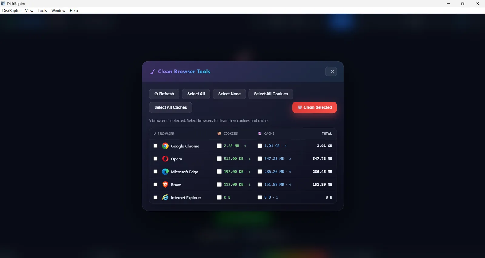 DiskRaptor browser tools cleanup showing cache and browsing data